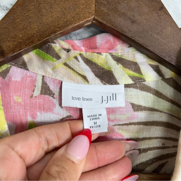 J. Jill Green Yellow Lightweight Linen Tropical Palm Print Button Front Blouse M - Picture 6 of 7